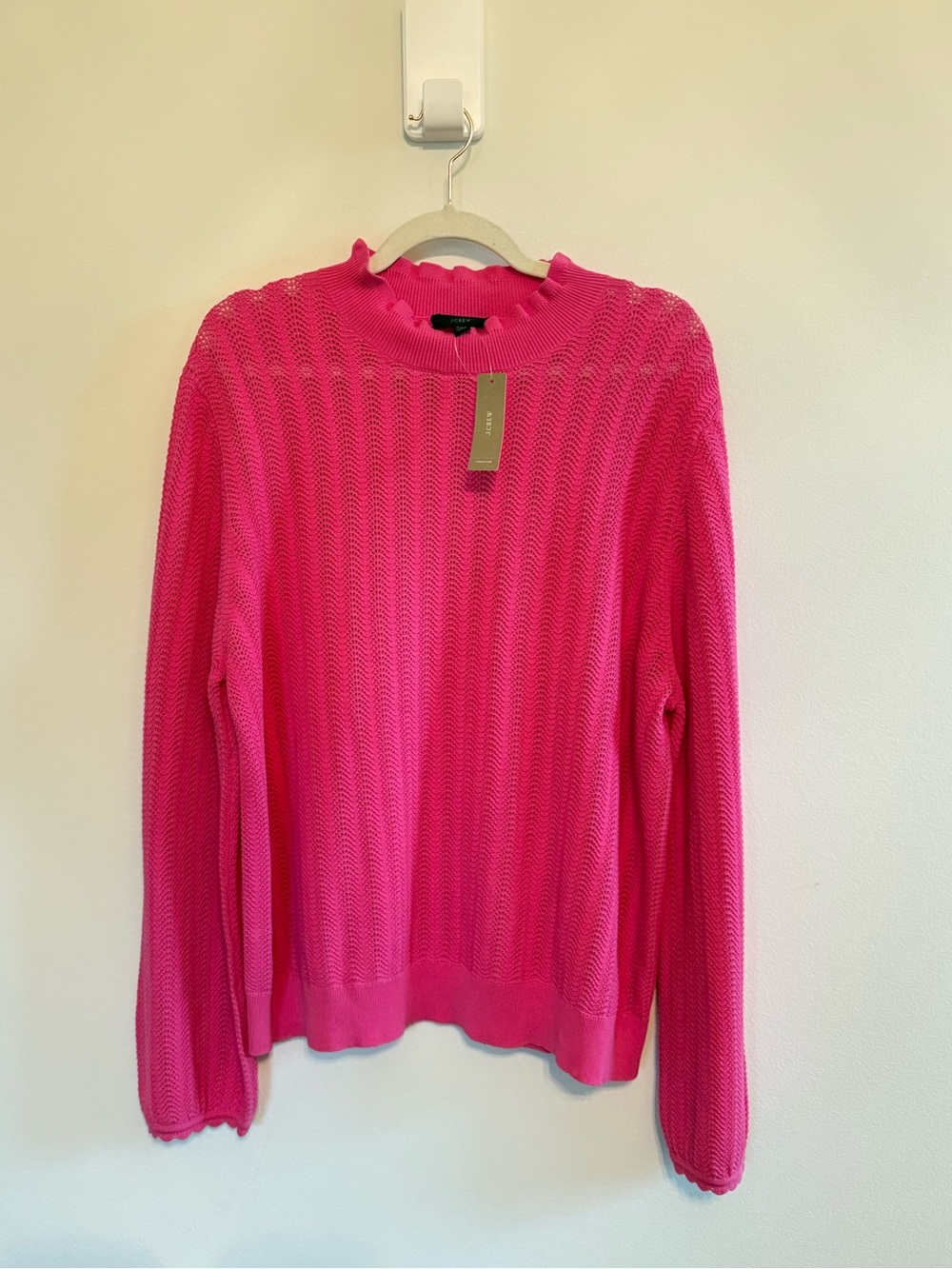 J. CREW • Hot Pink Pointelle Sweater XXL NWT Ruffle Mock Neck Sweater Preppy - Picture 2 of 8